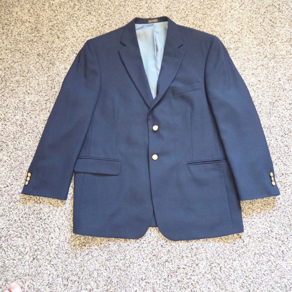Stafford Navy Blue Wool Blend Blazer Men's Gold Button Tailored USA Size 46R Vtg - Picture 1 of 13